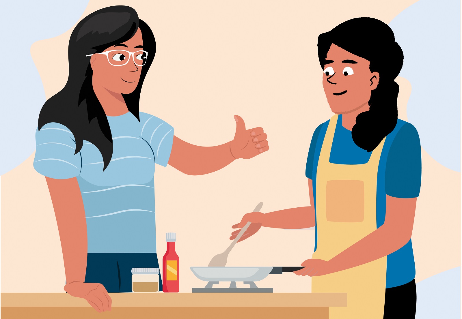 employer teaches helper to cook